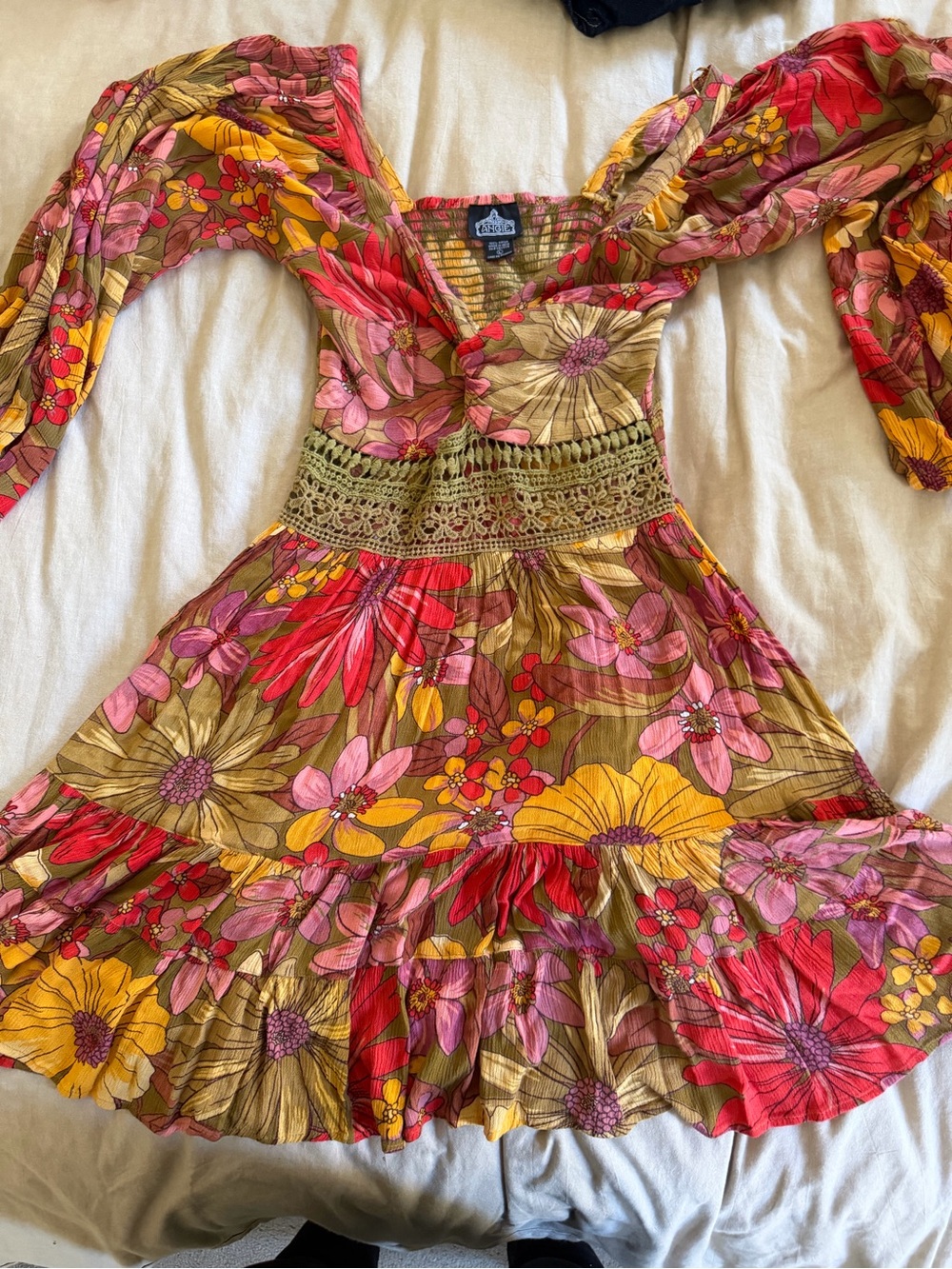 Angie Floral Puff-Sleeve Mini Dress in Pink, Red & Yellow
